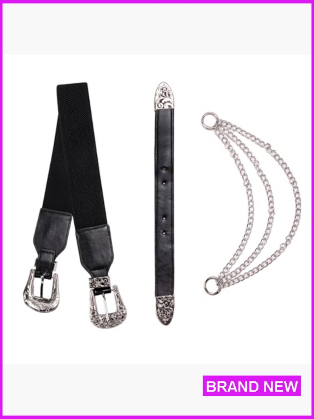 Vintage Western Leather Belt Double Buckle Chain Adjustable Elastic Y2K - Picture 3 of 6